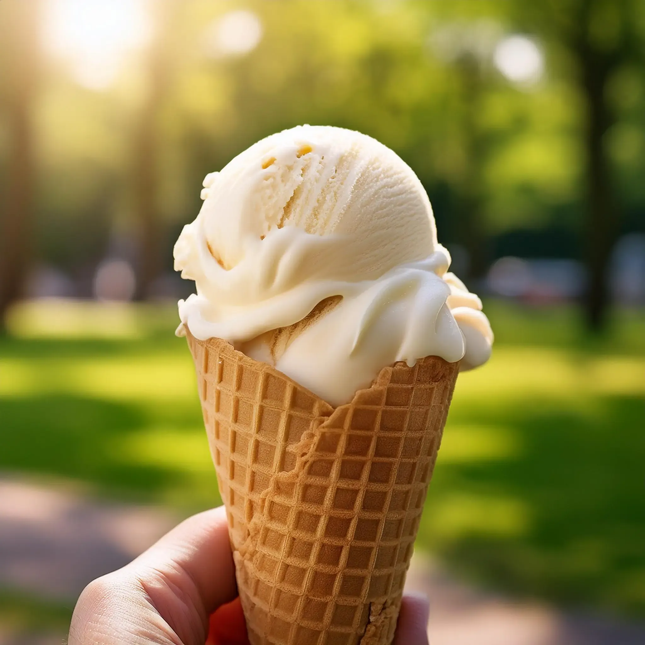 A cone with ice cream visible on a background of a green and luscious park. mirrored